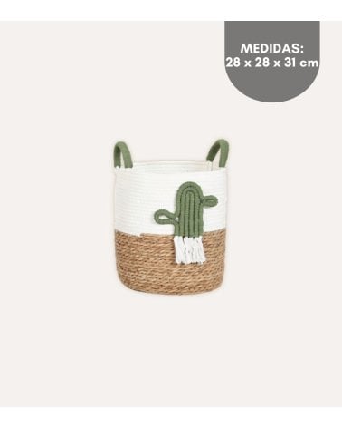 Cesta con Cactus Bordado y Asas de Fibra y Algodón