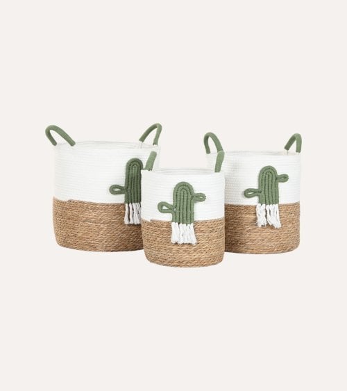 Cesta con Cactus Bordado y Asas de Fibra y Algodón
