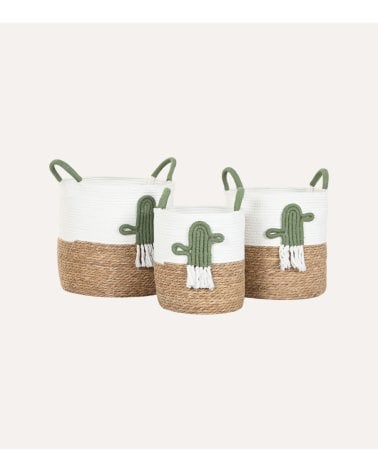 Cesta con Cactus Bordado y Asas de Fibra y Algodón