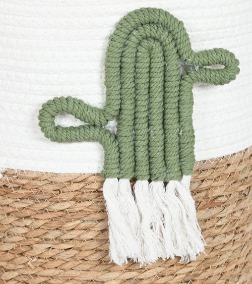 Cesta con Cactus Bordado y Asas de Fibra y Algodón