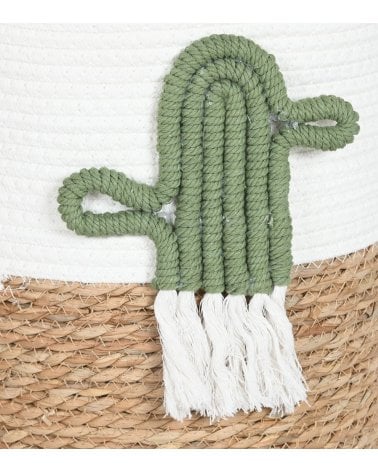 Cesta con Cactus Bordado y Asas de Fibra y Algodón