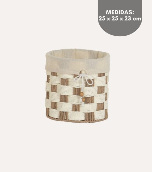 Cesta Cilíndrica con Patrón de Cuadros de Fibra y Algodon