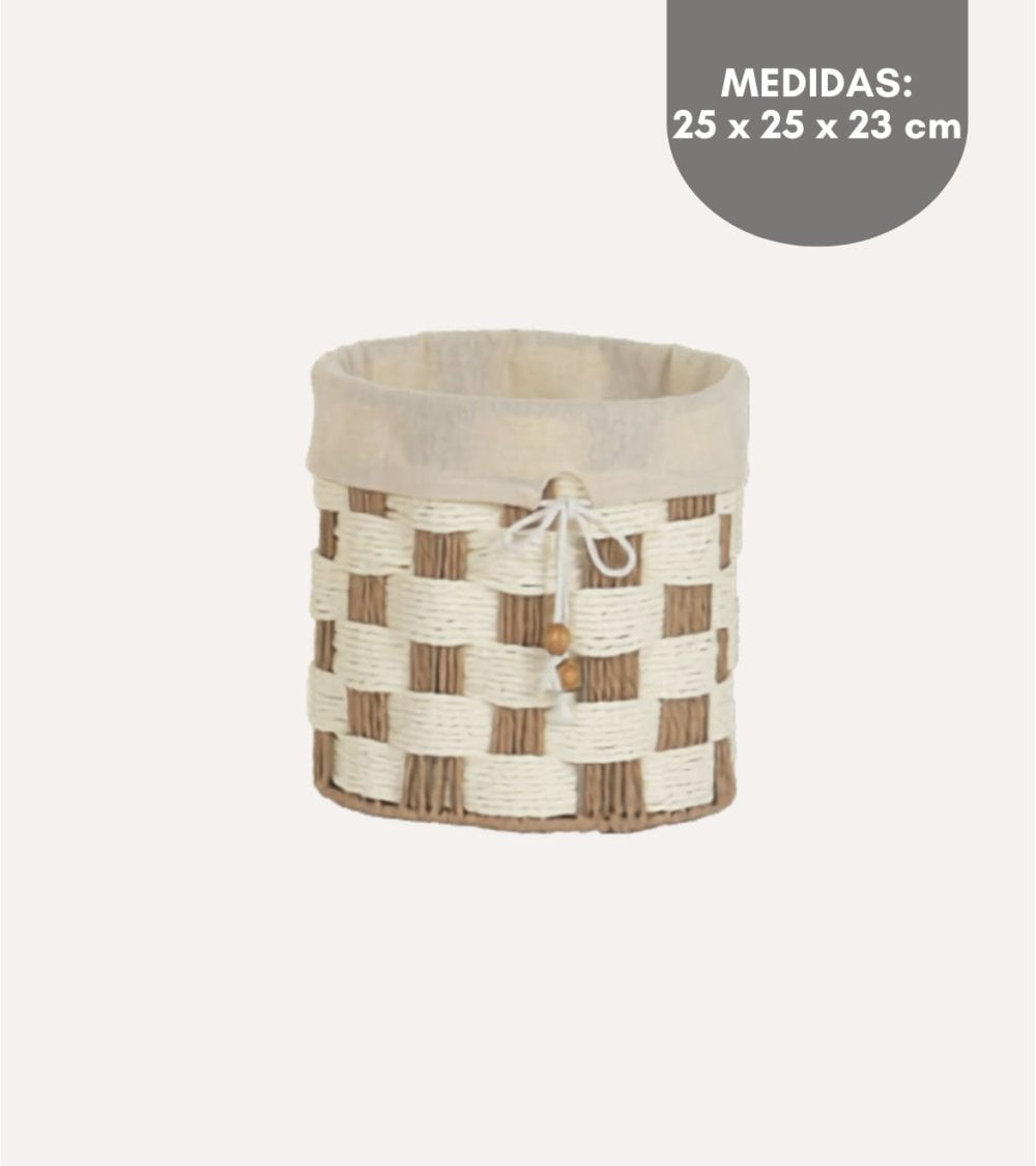Cesta Cilíndrica con Patrón de Cuadros de Fibra y Algodon