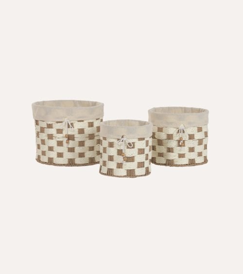 Cesta Cilíndrica con Patrón de Cuadros de Fibra y Algodon