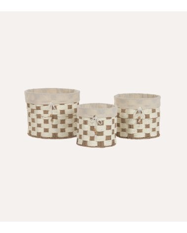 Cesta Cilíndrica con Patrón de Cuadros de Fibra y Algodon