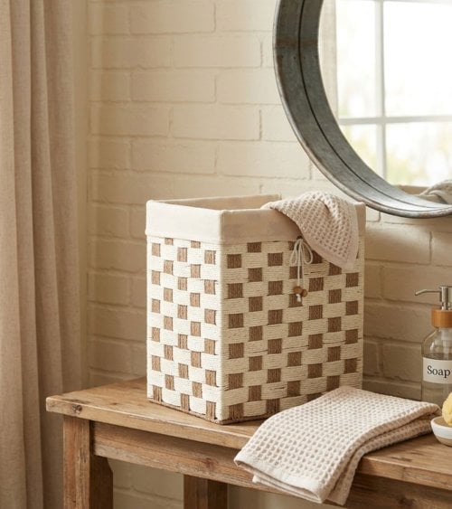 Cesta Rectangular con Patrón a Cuadros de Fibra y Algodón