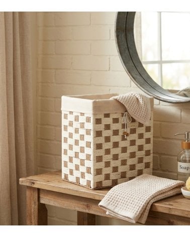 Cesta Rectangular con Patrón a Cuadros de Fibra y Algodón