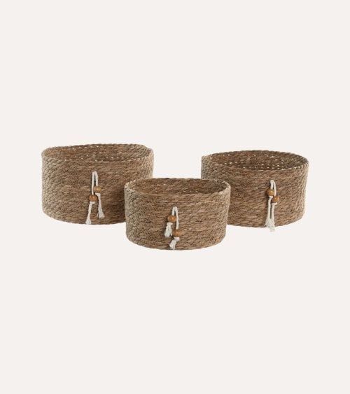 Cesta Cilíndrica Natural con Colgante de Fibra