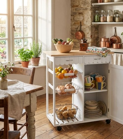 Carro de Cocina con Cajones y Cestas de Madera