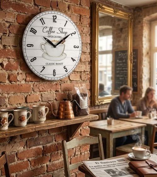 Reloj de Pared Taza de Café y Agujas Ovaladas de Madera