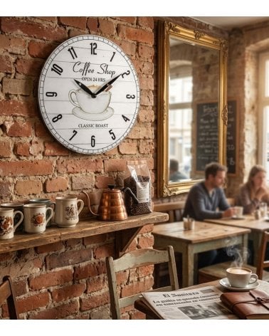 Reloj de Pared Taza de Café y Agujas Ovaladas de Madera
