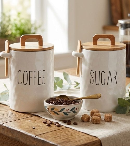 Bote para Cocina con Cuchara de Porcelana y Bambú