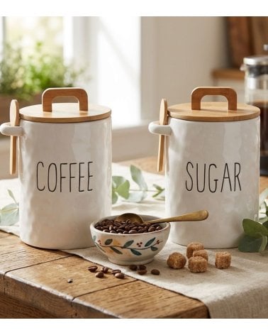 Bote para Cocina con Cuchara de Porcelana y Bambú
