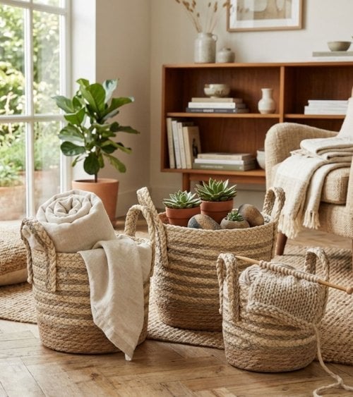 Cesta Natural a Rayas con Asas de Fibra