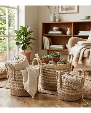 Cesta Natural a Rayas con Asas de Fibra