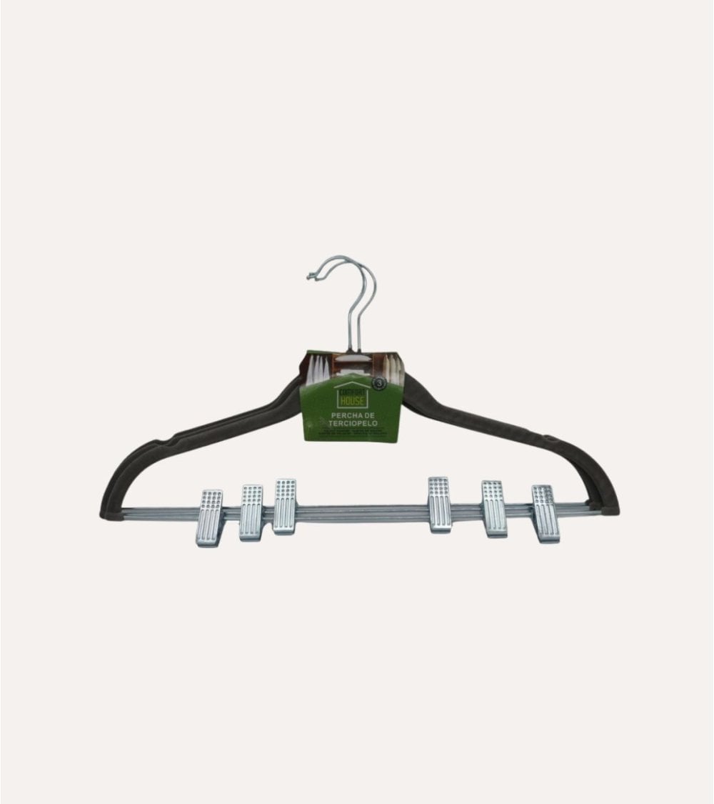 Set de 3 Perchas Aterciopeladas con Pinzas Anchas de Metal