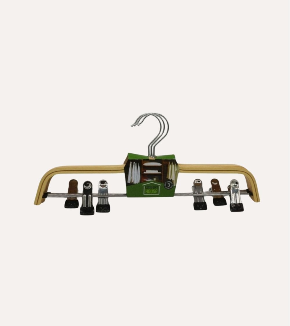 Set de 3 Perchas Natural con Pinzas Anchas para Falda de Madera