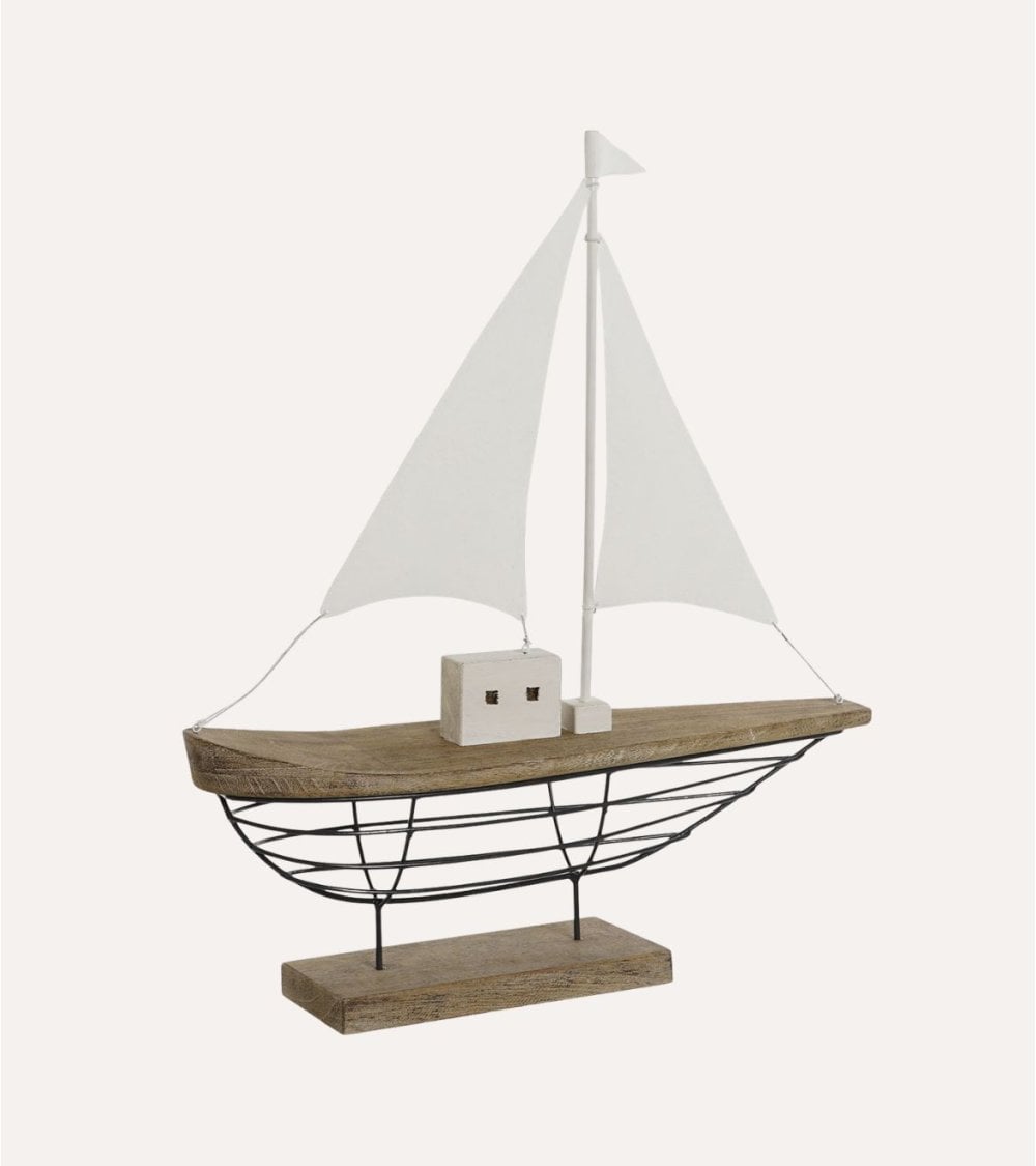 Figura de Barco Velero Decorativa de Madera de Pawlonia y Metal