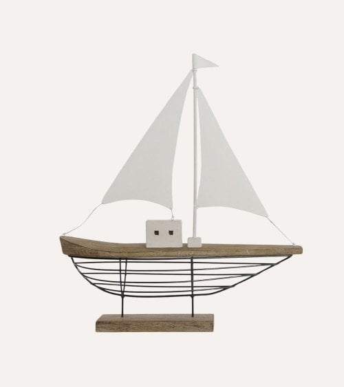 Figura de Barco Velero Decorativa de Madera de Pawlonia y Metal
