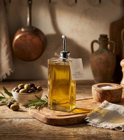 Aceitera en Forma de Petaca con Vertedor de Vidrio y Acero Inox