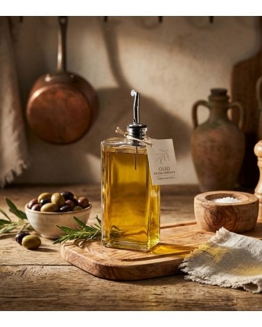 Aceitera en Forma de Petaca con Vertedor de Vidrio y Acero Inox