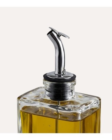 Aceitera en Forma de Petaca con Vertedor de Vidrio y Acero Inox