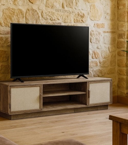 Mueble de TV  con 2 Cajones de Madera de Mango y Yute