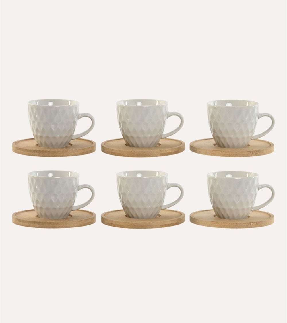Set de 6 Tazas de Porcelana con Plato de Bambú