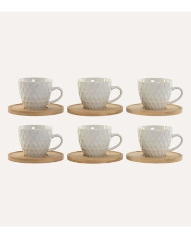 Set de 6 Tazas de Porcelana con Plato de Bambú
