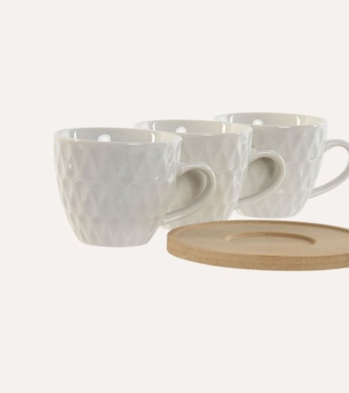 Set de 6 Tazas de Porcelana con Plato de Bambú