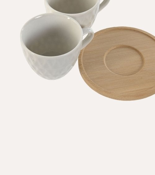 Set de 6 Tazas de Porcelana con Plato de Bambú