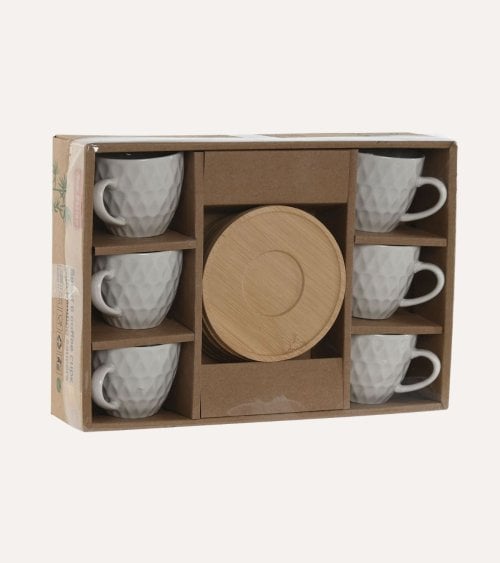 Set de 6 Tazas de Porcelana con Plato de Bambú