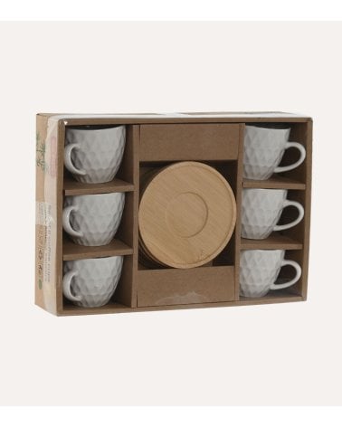 Set de 6 Tazas de Porcelana con Plato de Bambú