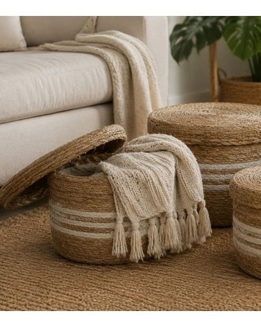 Cesta Decorativa Lines con Tapa de Fibra de Yute y Alga