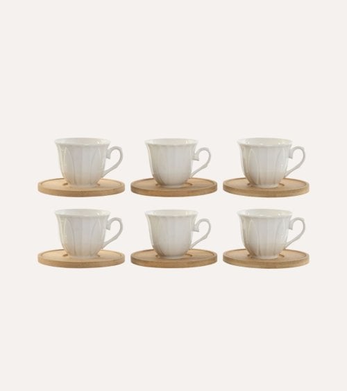 Set de 6 Tazas para Café de POrcelana con Plato de Bambú