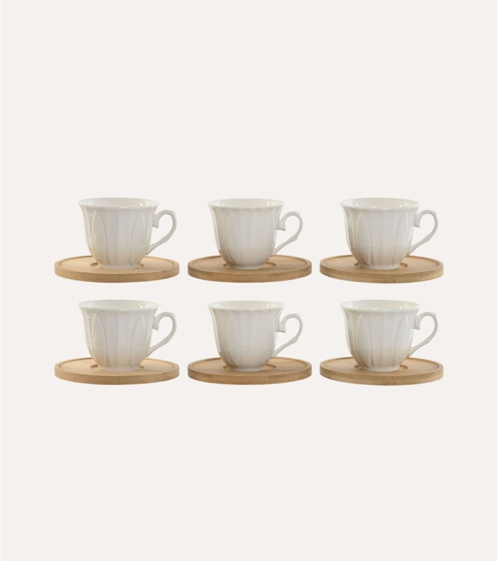 Set de 6 Tazas para Café de POrcelana con Plato de Bambú