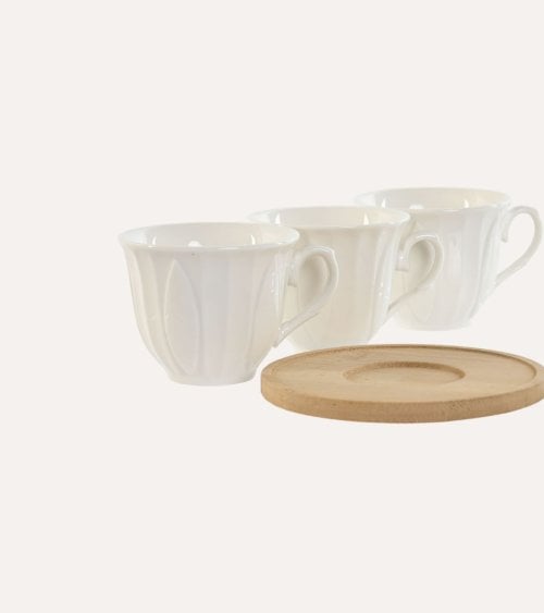 Set de 6 Tazas para Café de POrcelana con Plato de Bambú
