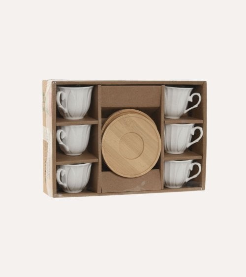 Set de 6 Tazas para Café de POrcelana con Plato de Bambú