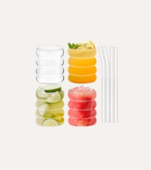 Set de 4 Vasos Ondulados Matcha con Pajita de Borosilicato