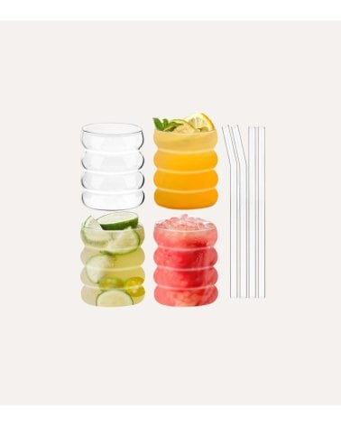 Set de 4 Vasos Ondulados Matcha con Pajita de Borosilicato