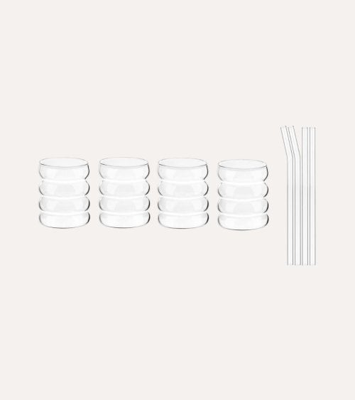 Set de 4 Vasos Ondulados Matcha con Pajita de Borosilicato