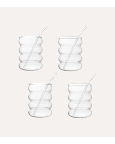 Set de 4 Vasos Ondulados Matcha con Pajita de Borosilicato