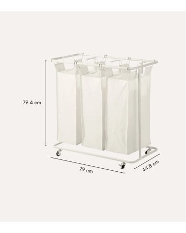 Cesto para Ropa con 3 Compartimentos y Ruedas de Acero