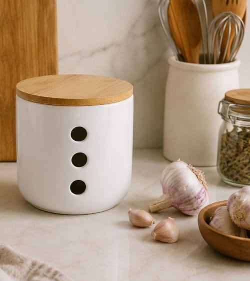 Tarro para Ajos de Cerámica con Tapa de Bambú