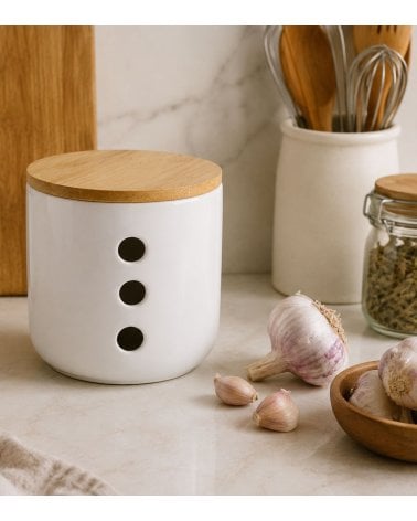 Tarro para Ajos de Cerámica con Tapa de Bambú
