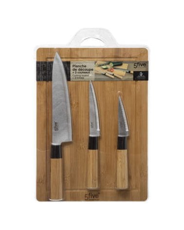 Tabla de Cortar de Bambú + Cuchillos de Cocina
