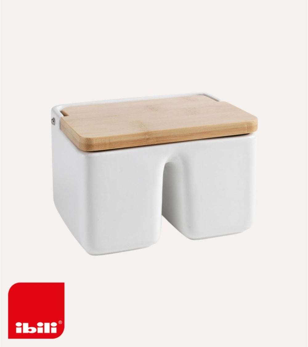 Salero Doble Simple de Ceramica y Bambu