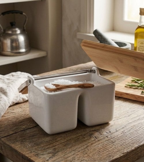 Salero Doble Simple de Ceramica y Bambu