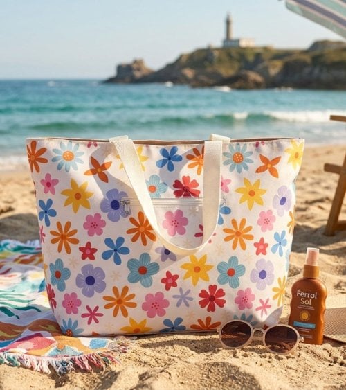 Bolsa de Playa con Flores y Asas Largas de Poliéster