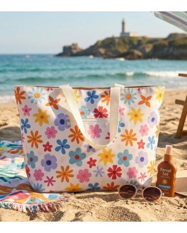 Bolsa de Playa con Flores y Asas Largas de Poliéster